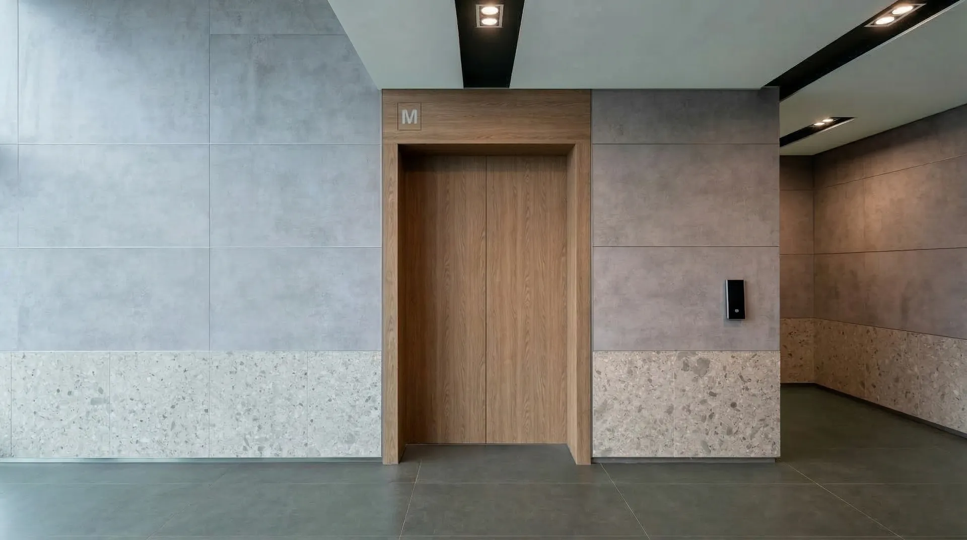 Lift lobby after — oak wood grain wrap