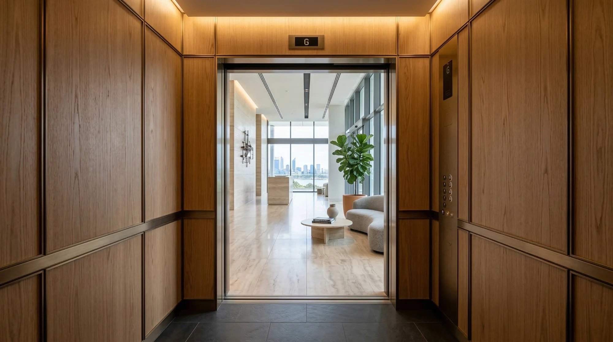 Luxury elevator interior with timber walls and city view